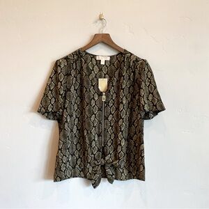 MICHAEL KORS Safari Green Snake Skin Print Zipper Front Blouse